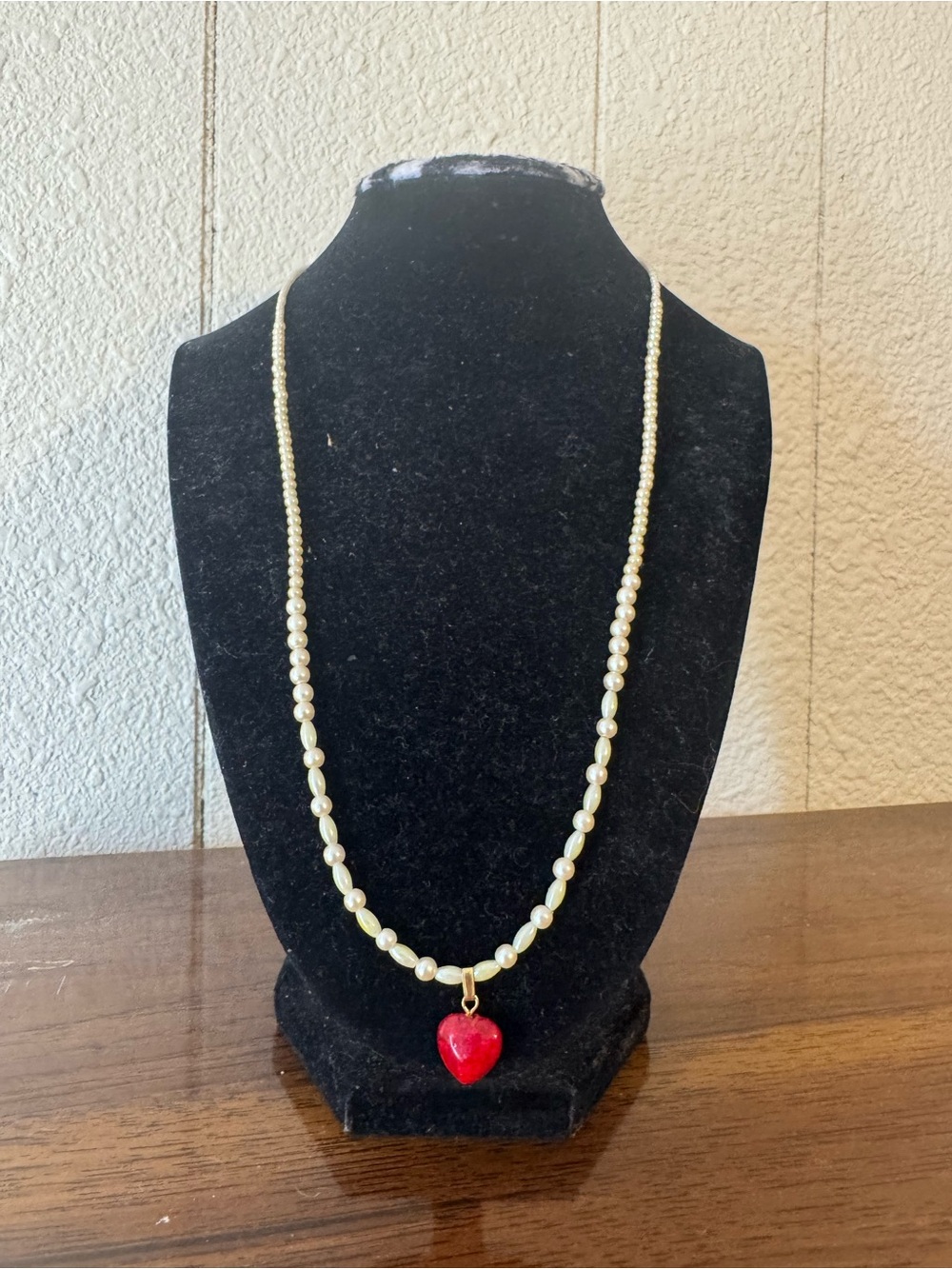 Vintage Pearl Bead Necklace with Red Heart Pendant